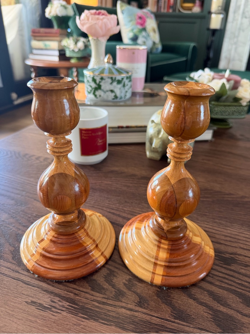 Set of 2 Hand-Turned Wooden Candlestick Pair in Natural Honey Finish